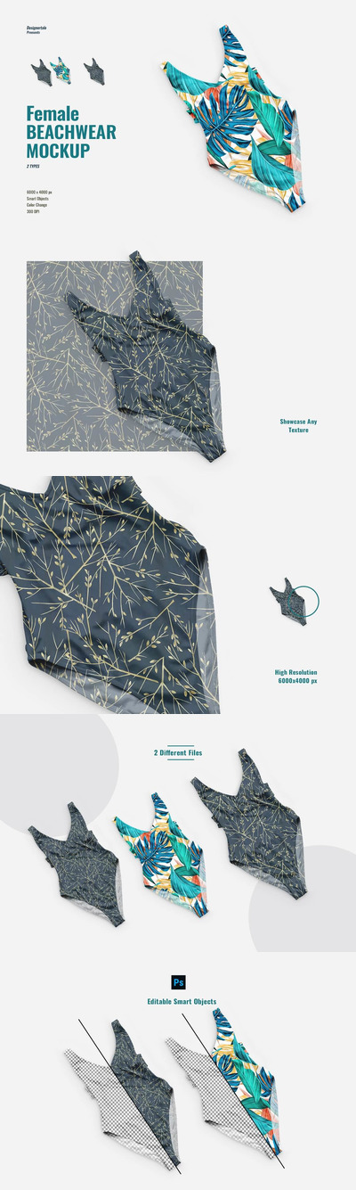 顶视图女性沙滩装泳衣服装样机 (psd)