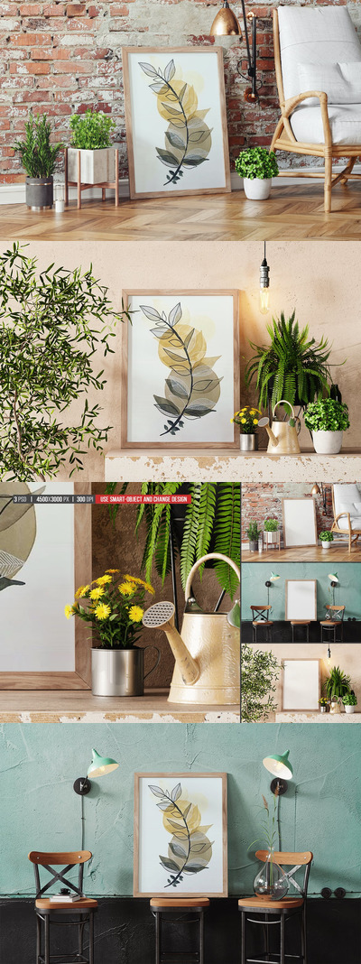 盆栽室内场景木制相框样机 (PSD)