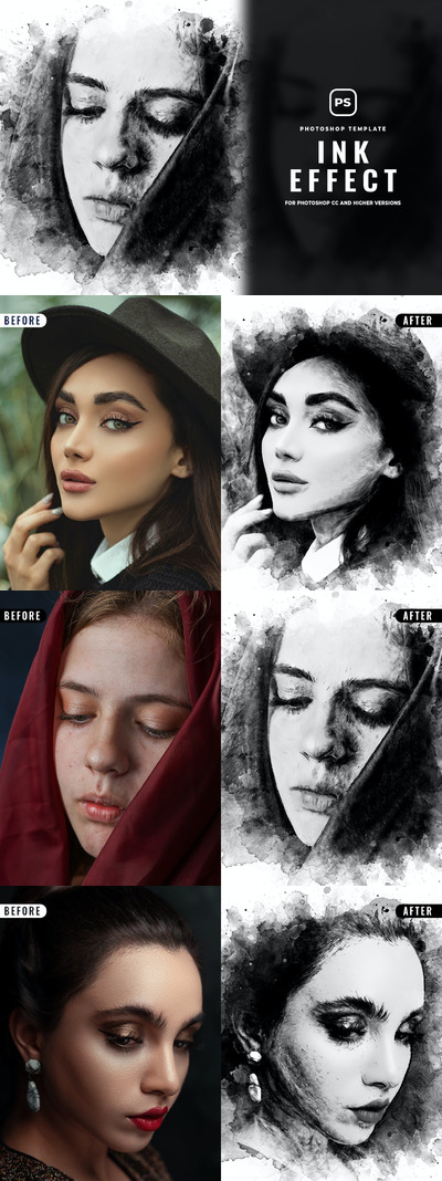 时尚高端逼真效果手绘水彩中国风水墨photoshop动作预设-PSD