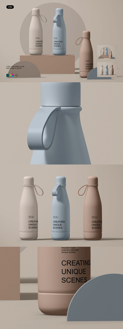 哑光材质水瓶品牌包装设计样机 (PSD)