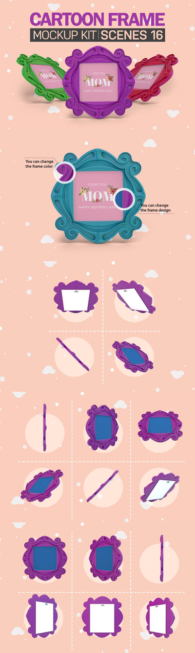 卡通框架艺术作品展示样机套件 (psd)