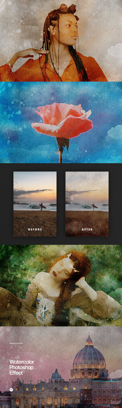 怀旧水彩照片效果模板 (psd)