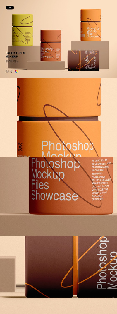 圆形纸管纸筒包装设计样机模板 (PSD)