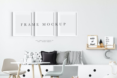 室内场景照片艺术作品展示白色画框样机模板 (PSD)