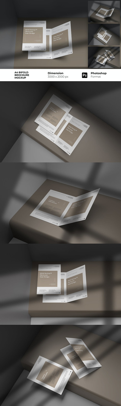 带有阴影叠层的A4双折页宣传册设计样机 (PSD)