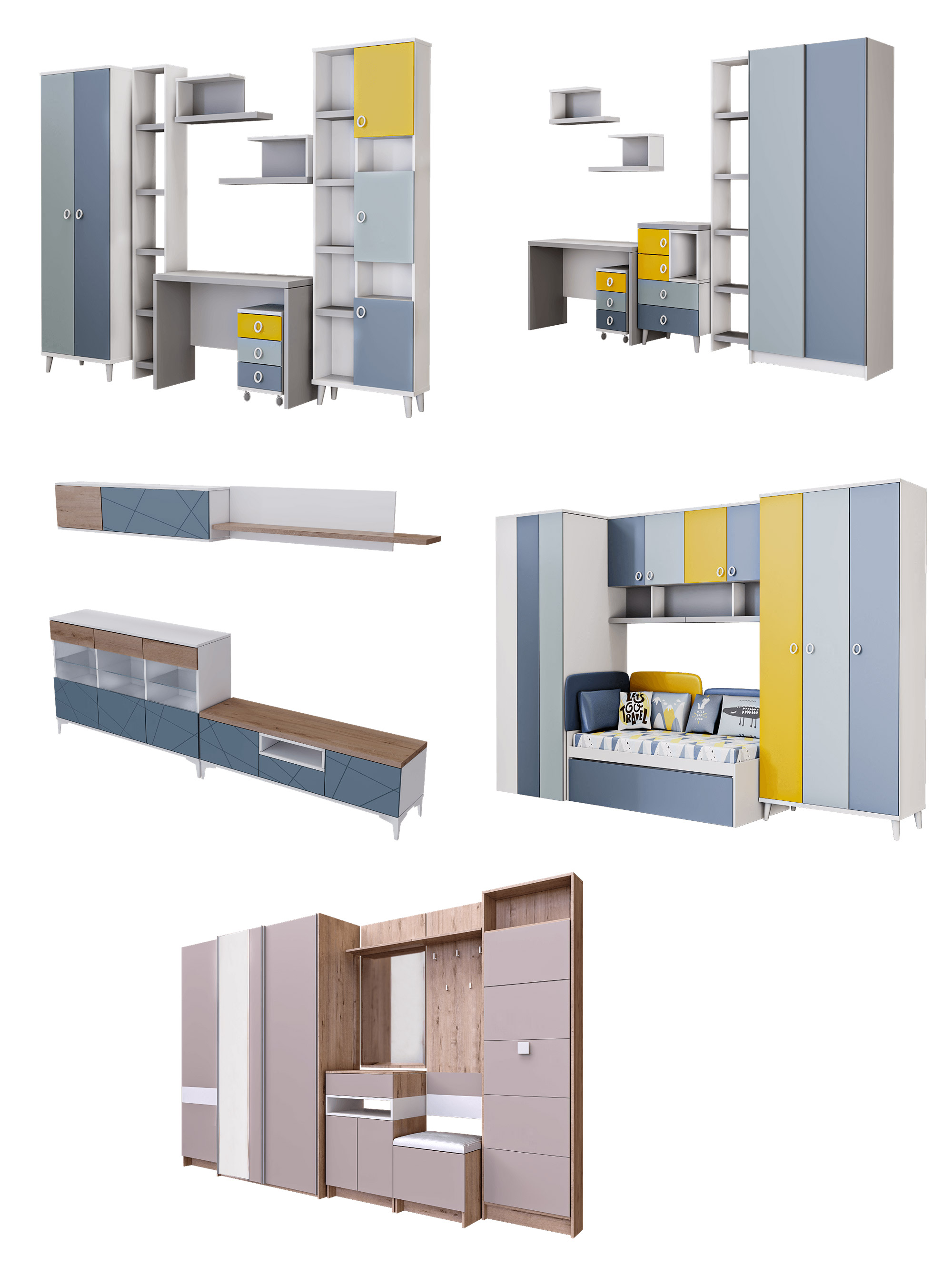 Mirlachev壁柜衣柜书柜等组合柜系列3D模型（OBJ,FBX,MAX）