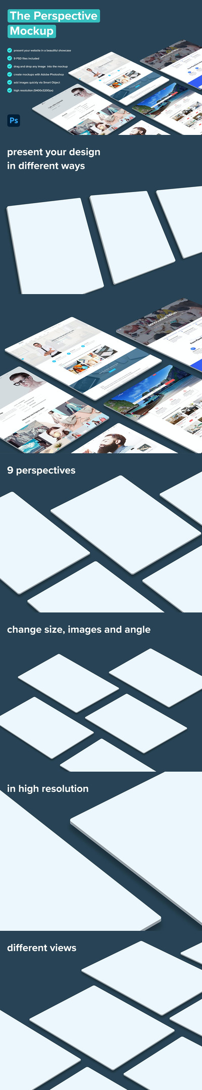 网站页面设计等距展示透视图样机 (PSD)