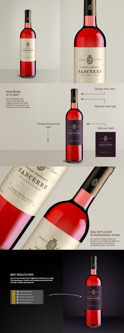 玫瑰色葡萄酒瓶品牌标签设计样机 (PSD)