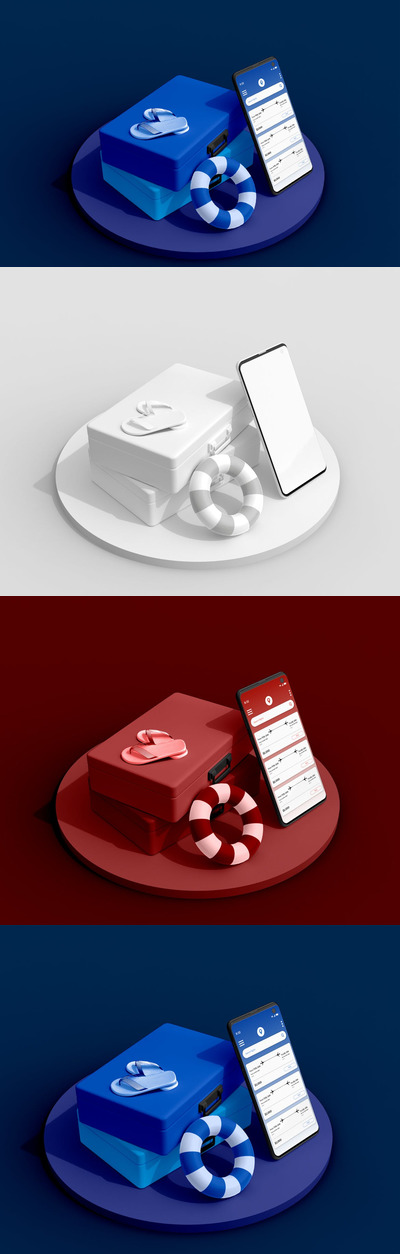 旅行箱元素App页面展示手机样机 (PSD)