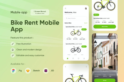 高品质的专业自行车租车APP UI KITS-FIG, SKETCH, XD