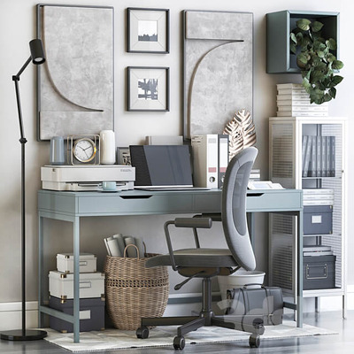 宜家办公桌椅及文具和装饰组合办公场景3D模型（MAX）