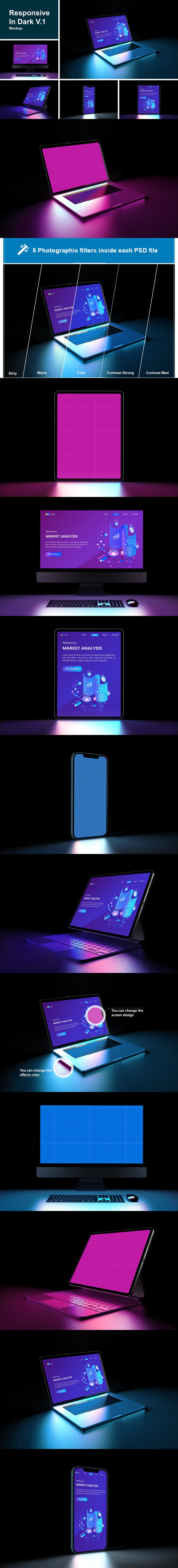 深色暗黑背景响应式苹果设备屏幕样机 (PSD)