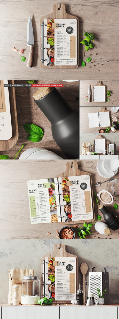 案板餐厅菜单设计展示样机 (PSD)
