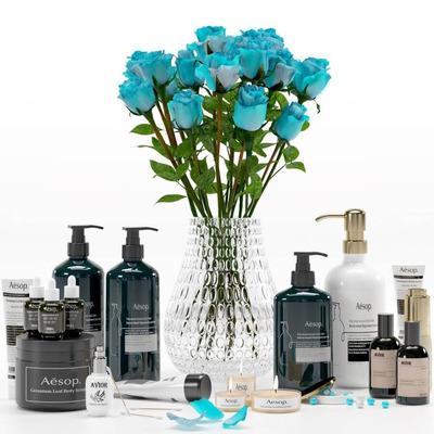 包含蓝色玫瑰花束护肤品香氛等在内的浴室用品及装饰组合3D模型（OBJ,MAX）