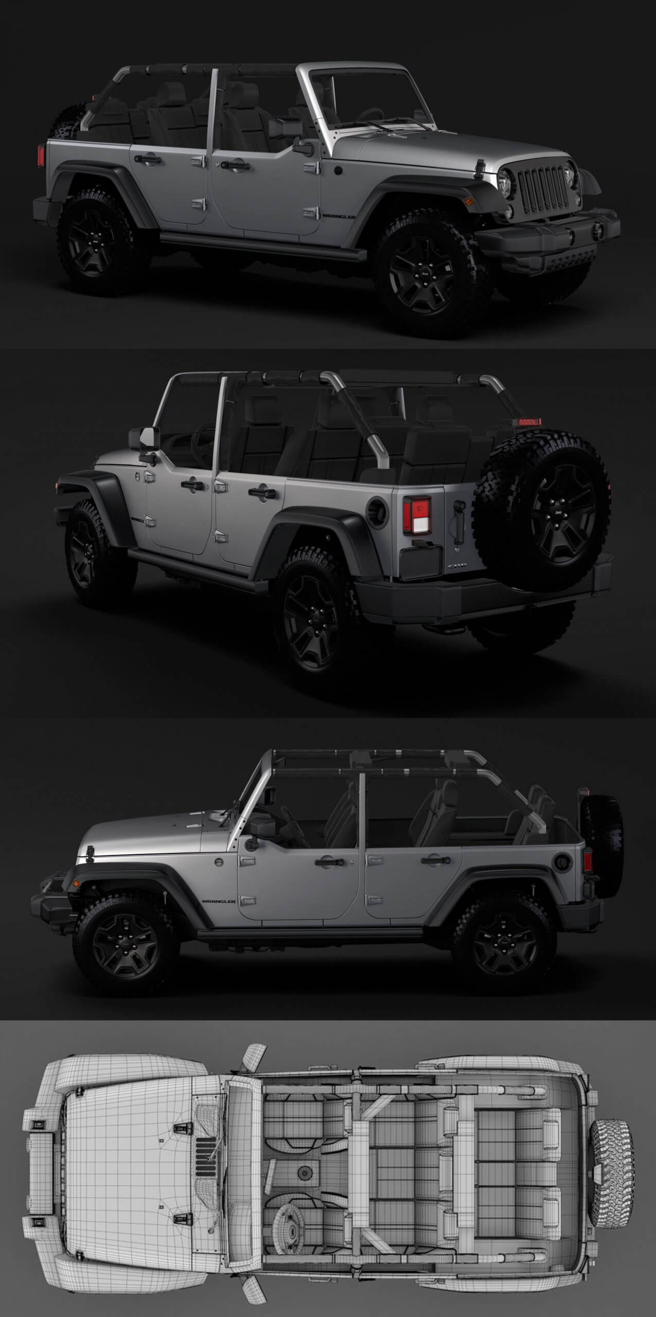 Jeep牧马人Wrangler Unlimited Willys Wheeler JK 2017款越野车3D模型（OBJ,FBX,MAX,Blend）