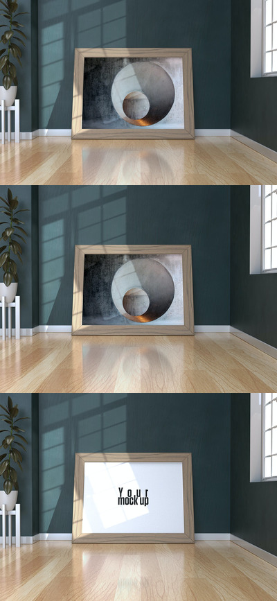地板上的木框相框作品展示样机 (PSD)