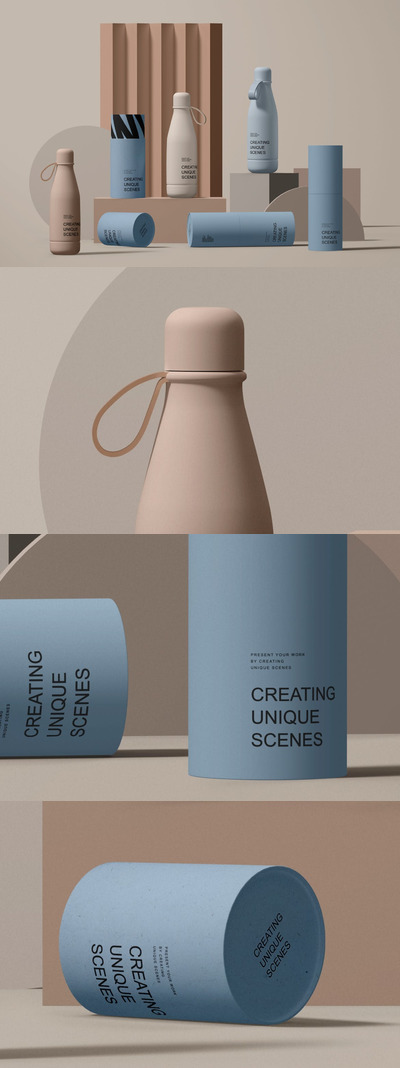 哑光水瓶和纸管包装展示场景样机 (PSD)