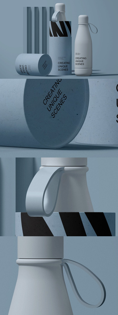 哑光运动水瓶和纸管包装设计样机 (PSD)