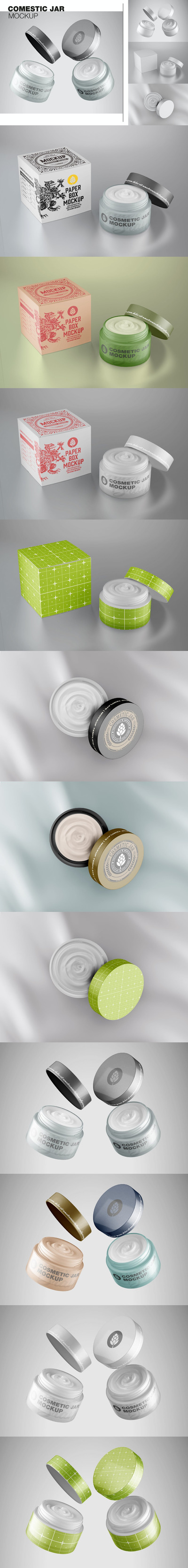 带盒子的乳霜化妆品罐包装设计样机 (PSD)