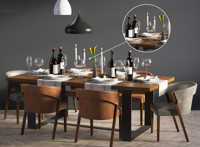 餐桌上的餐具红酒花束烛台等组合3D模型（OBJ,MAX）