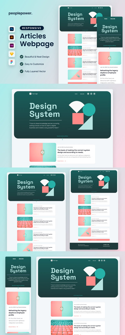 设计系统博客文章网站模板 (AI,FIG,PSD,SKETCH,XD)