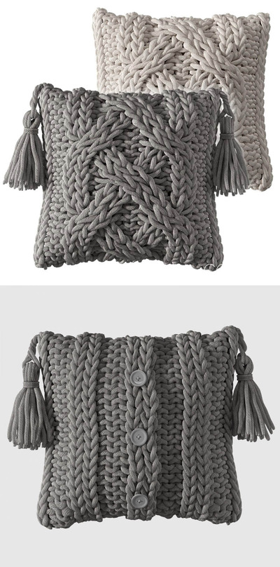 带有流苏装饰的灰色和白色方形粗线编织枕头抱枕3D模型（OBJ,MAX）