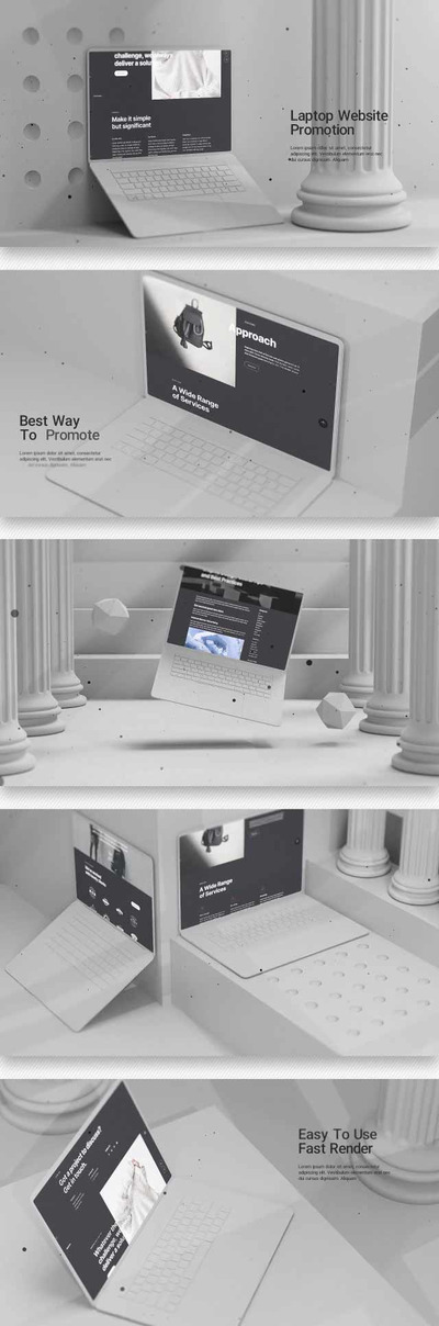 灰白色极简场景笔记本电脑样机视频AE模板[2.06GB,AEP]