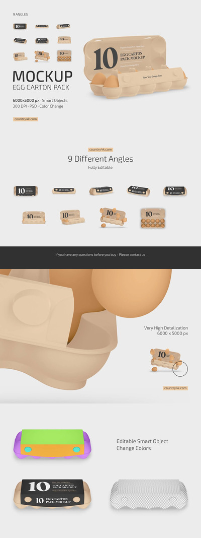 鸡蛋纸盒包装设计样机套装 (PSD)