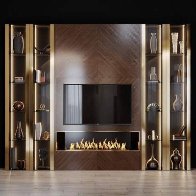 棕色系电视墙及仿真壁炉和工艺品等装饰组合3D模型（FBX,MAX）