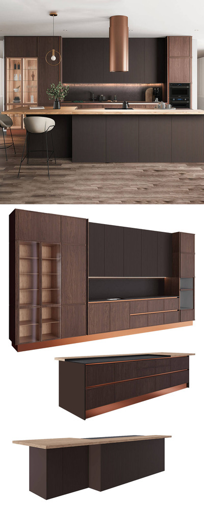俄罗斯GeosIdeal Petra深棕色和铜色MDF面板橱柜厨房设计3D模型（OBJ,FBX,MAX）