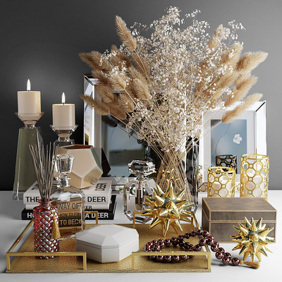 包含干草花束烛台香氛珠宝工艺品等在内的装饰组合3D模型（OBJ,MAX）