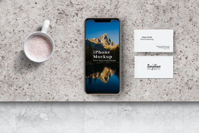大理石板智能iPhone手机和名片样机 (PSD)
