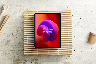 竹子餐具背景iPad Pro平板电脑样机 (PSD)