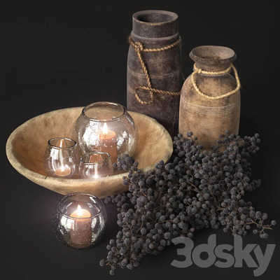 包含干果枝玻璃烛台陶罐的乡村风格装饰组合3D模型（OBJ,MAX）