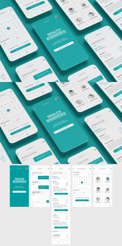 健康检查和医疗诊断 App UI Kit (AI,EPS,FIG,PSD,SKETCH,SVG,XD)