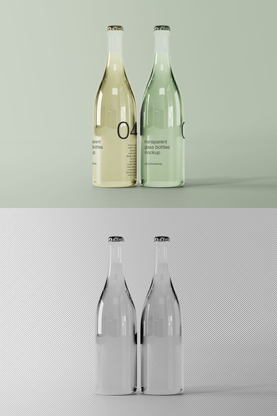 两个透明玻璃瓶包装设计样机 (PSD)