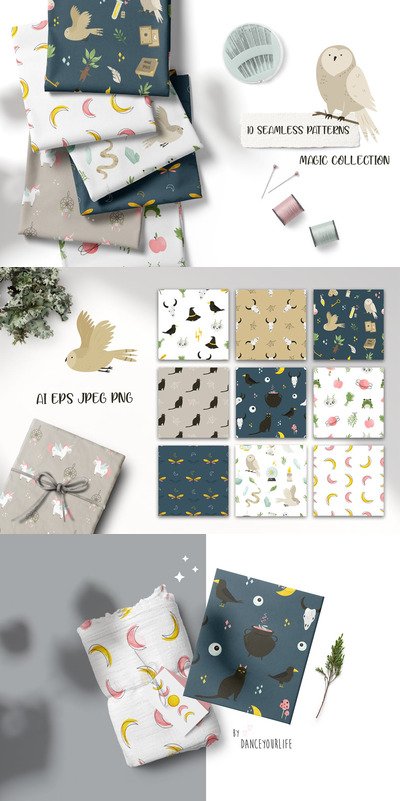 魔法神秘、神奇的无缝图案 (AI,EPS,JPG,PNG)