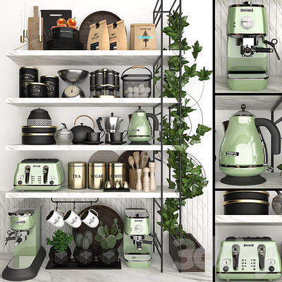 柜子上的厨房电器厨具厨房用品食物等组合3D模型（MAX）