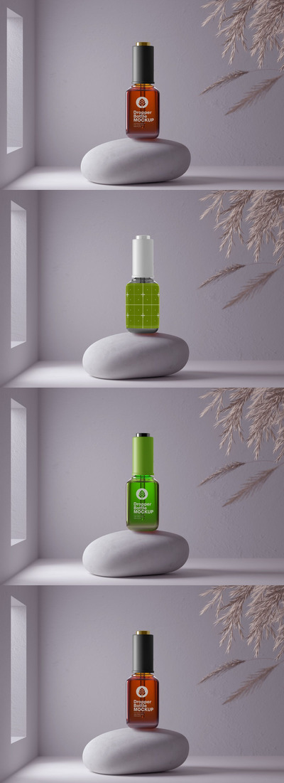 琥珀色玻璃滴管瓶场景样机 (PSD)