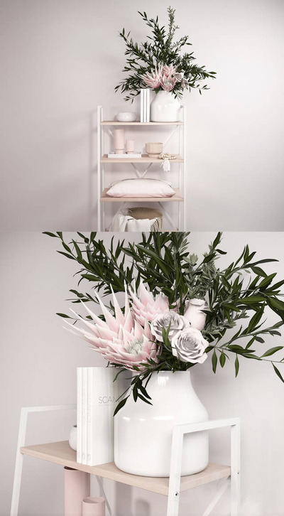 包含帝王花和玫瑰花束的北欧装饰组合3D模型（OBJ,MAX）