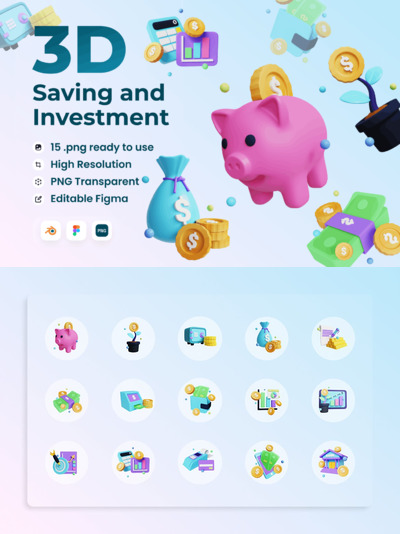 储蓄与投资3D图标 (FIG,PNG,Blend)