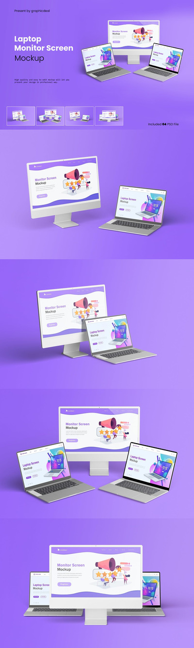 笔记本电脑和显示器屏幕样机 (PSD)