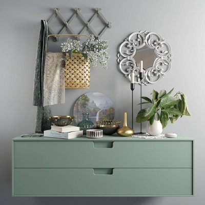 条形双层抽屉柜及镜子花瓶绿植等北欧装饰组合3D模型（OBJ,MAX）