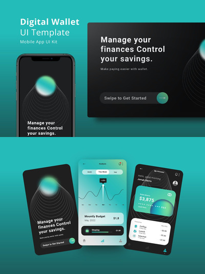 数字钱包响应式网页 App UI Kit (AI,EPS,SVG)