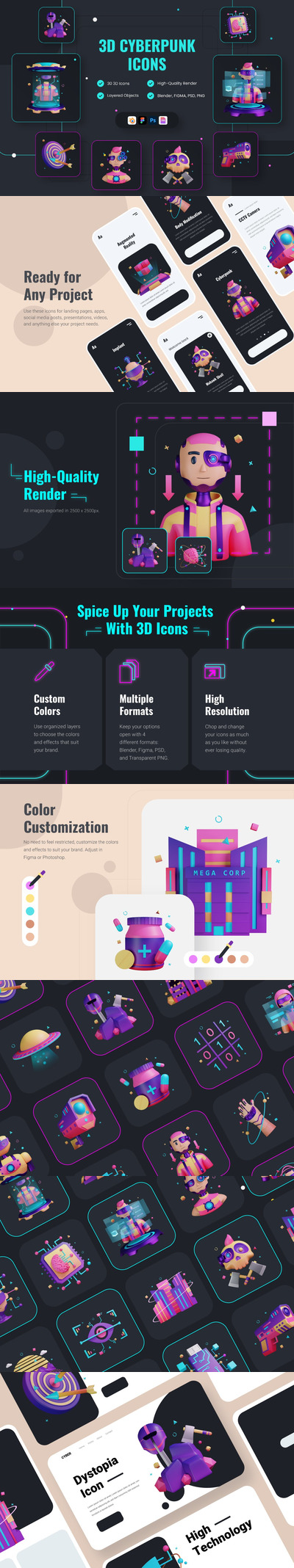 赛博朋克未来主义3D图标套装 (Blend,FIG,PNG,PSD)