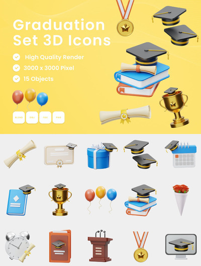 毕业元素3D图标 (PNG,fbx,obj,Blend)