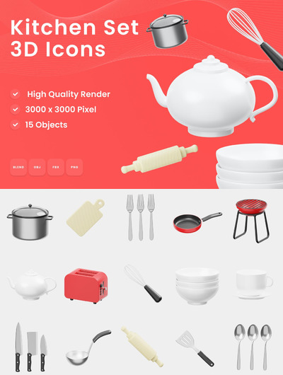 厨房3D图标套装 (PNG,fbx,obj,Blend)