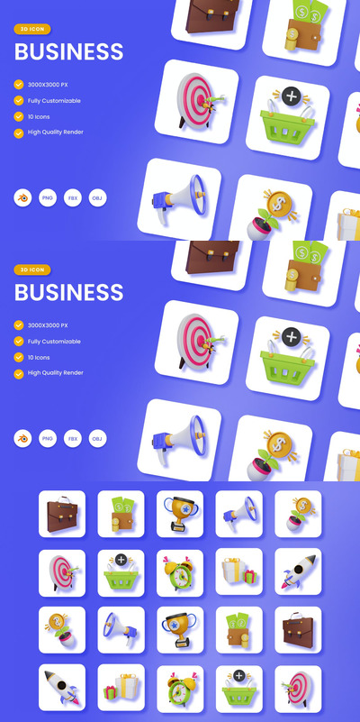 3D 商业图标套装 (PNG,fbx,obj,Blend)