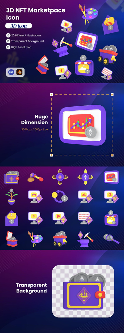3D NFT 市场图标 (PNG,Blend)