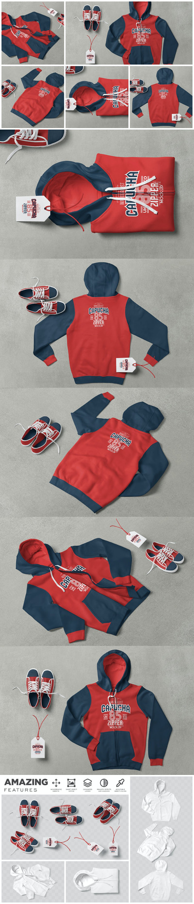 中性拉链连帽衫服装设计样机 (PSD)